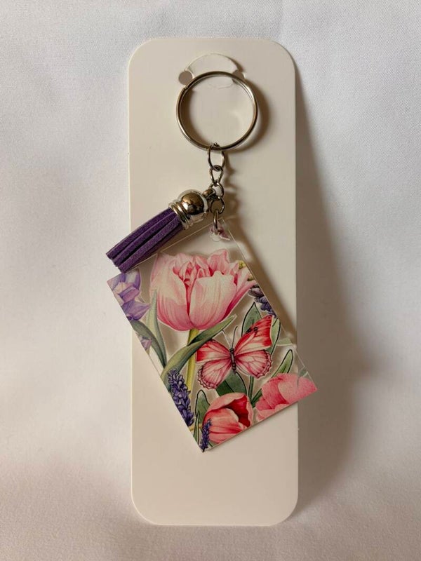 Floral Butterfly Acrylic Keyring with Tassel