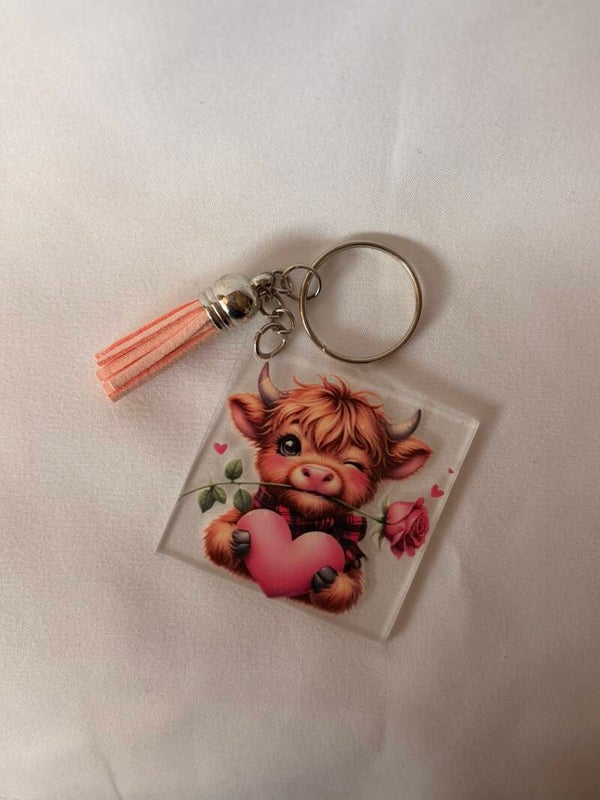 Highland Cow Love Acrylic Keyring with Tassel