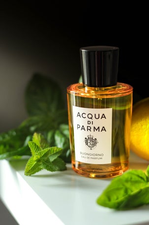 Elegant perfume photo with natural citrus background