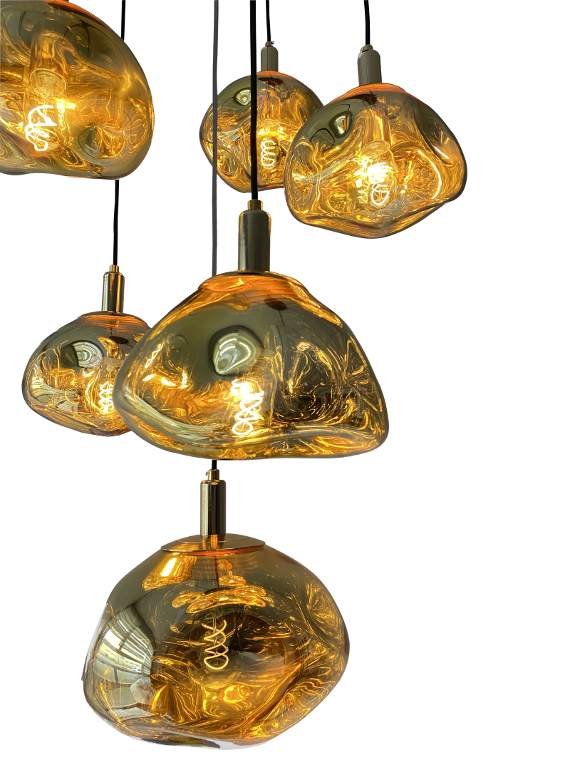 Zeer luxe Lifestyle hanglamp met 6 lichtpunten en 7 verschillende hoogwaardige glasbollen voorzien van energiezuinige LED-filament lampen