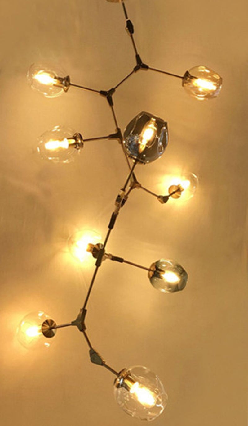 Industriële (Vintage) vide lamp Atoom molecuul. Leverbaar in Zwart, RVS ef Messing met Glasbollen.