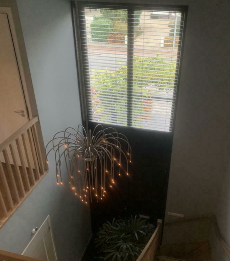 Ronde videlamp in RVS geborsteld met 56 lichtpuntjes geschikt voor iedere hoge ruimte of vide