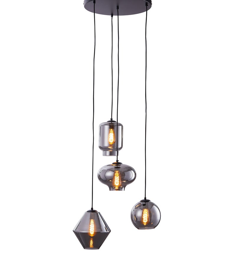 Fraaie minimalistische lifestyle hanglamp met 4 lichtpunten en mooie glasbollen van verschillende vormen ook geschikt als vide lamp