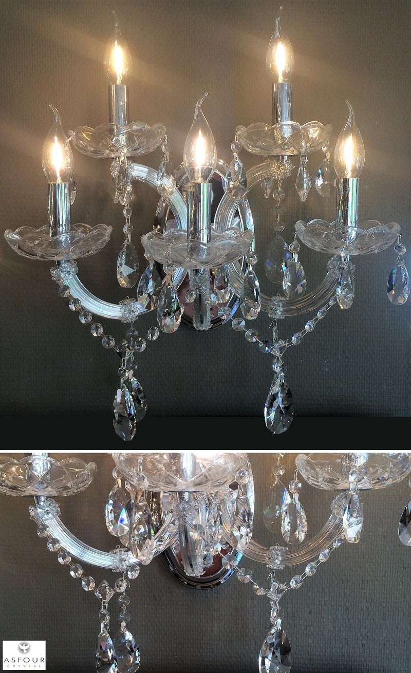 Maria Theresia Kristal Wandlampje met 5 armen leverbaar in Zilver of Goud