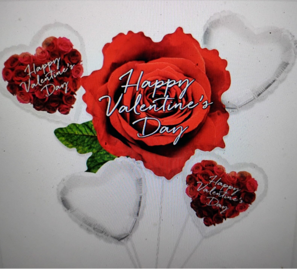 Rose and Heart Happy Valentines Day Mylar Balloon Bouquet