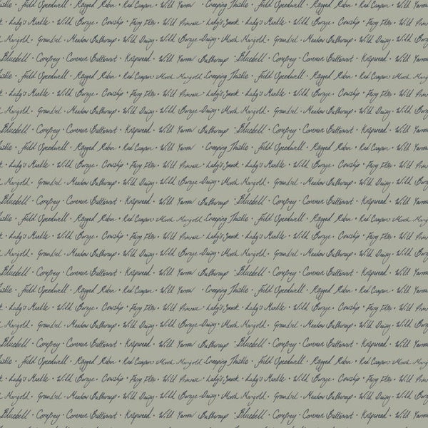 Grijs (groenig) met tekst (bloemennamen)