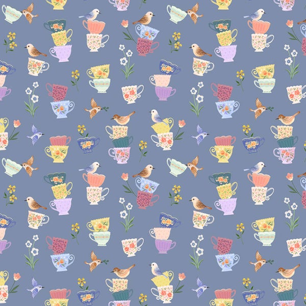 Zacht blauwlila met kopjes en katten