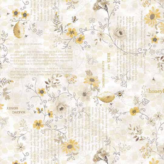 Wit/crème met zachtgele bloemen en bijen