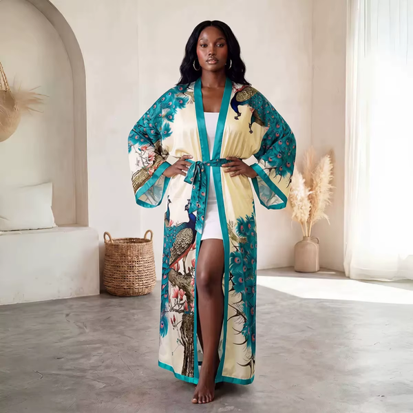 Peacock Print Kimono Robe