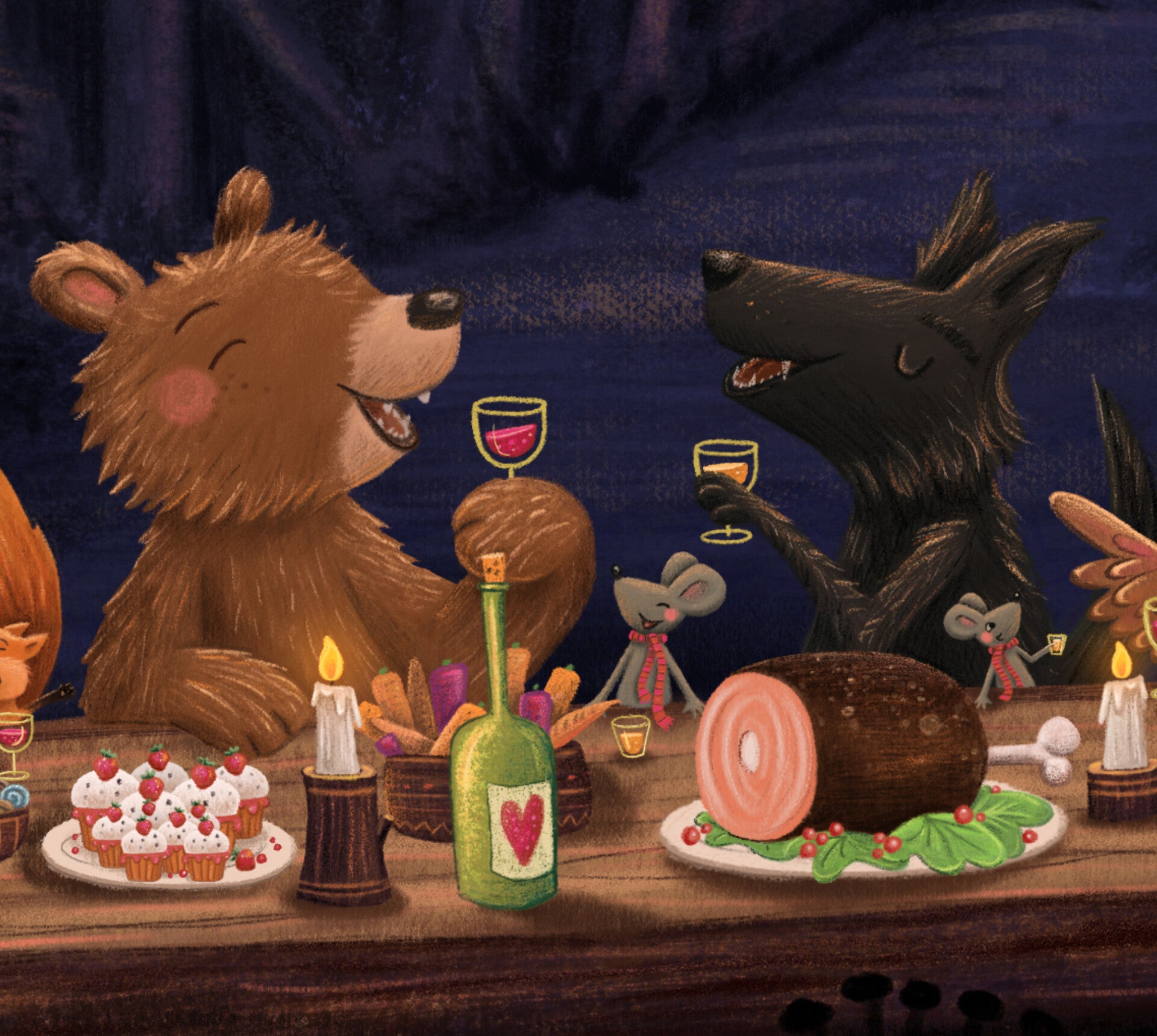 Illustratie van een beer en een wolf die proosten aan een tafel met eten, in kerstsfeer.