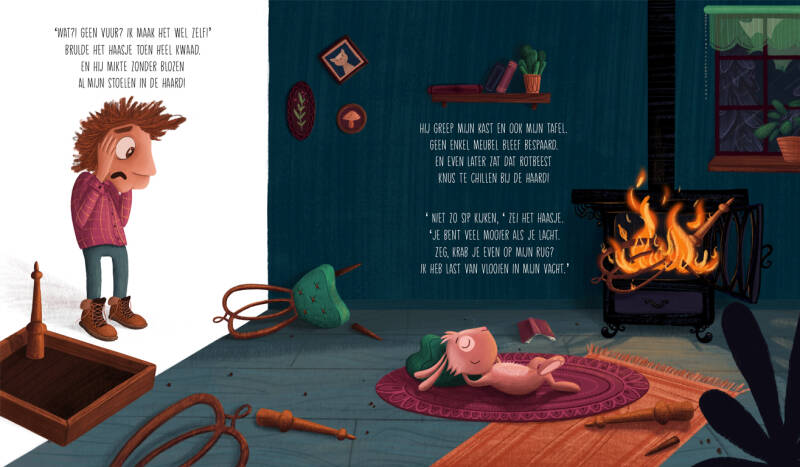 Spread van een situatie waarbij een konijn relaxed op de grond ligt. Hij heeft het huis overhoop gehaald. Kapotte meubelen waarvan een deel in de open haard ligt voor warmte. De eigenaar, een houthakker, staat er geschrokken met open ogen bij.