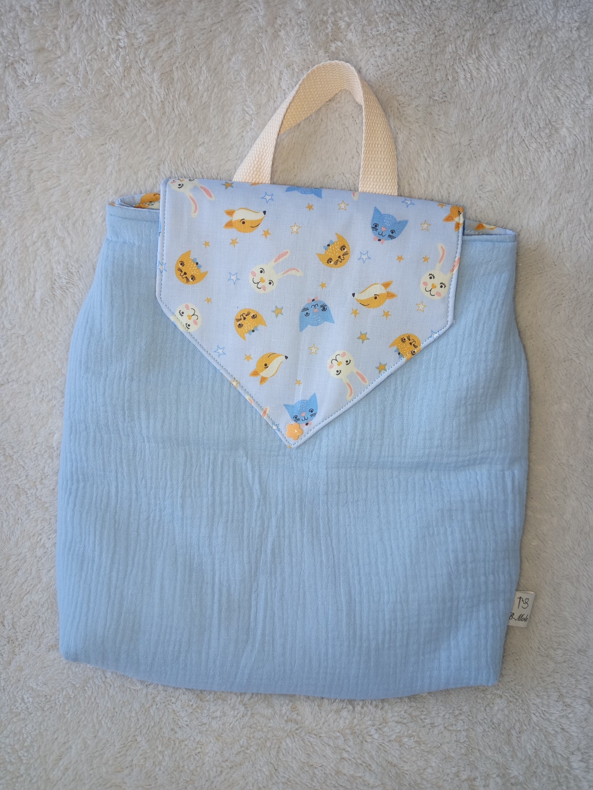 Sac à dos enfant évolutif – Motif Animaux (bleu) – Fait main