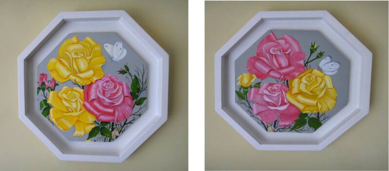 A matching Pair of Roses and Butterflies. In custom, Handmade octagonal frames.