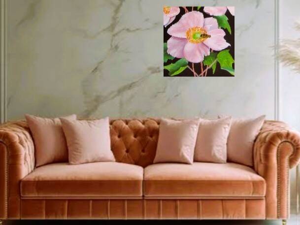 Acrylic Painting. Anemone with honey bee. A. Mordaunt. Clonmel