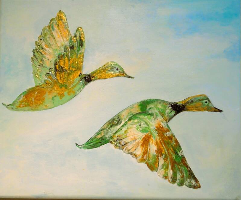 Abstract Ducks in flight, painted by Anthony Mordaunt. Clonmel.