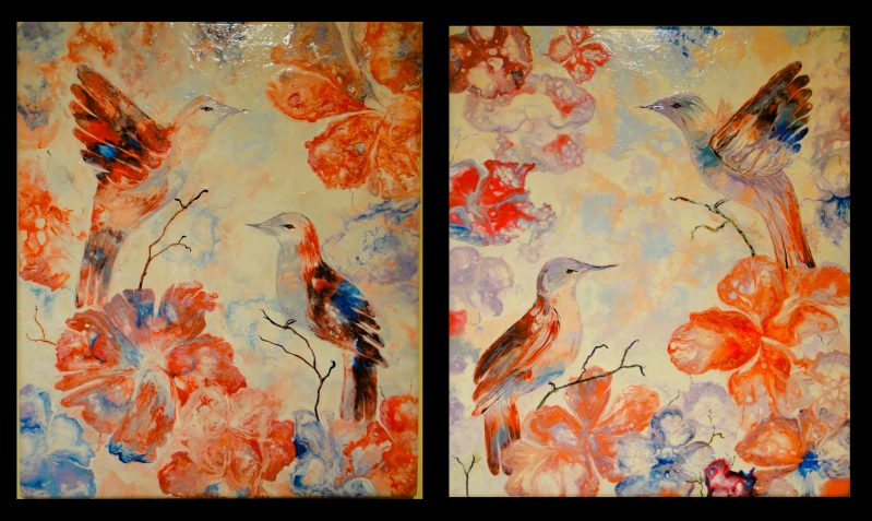 A matching pair of abstract paintings featuring birds and flowers. Painted by : Anthony Mordaunt. Clonmel.