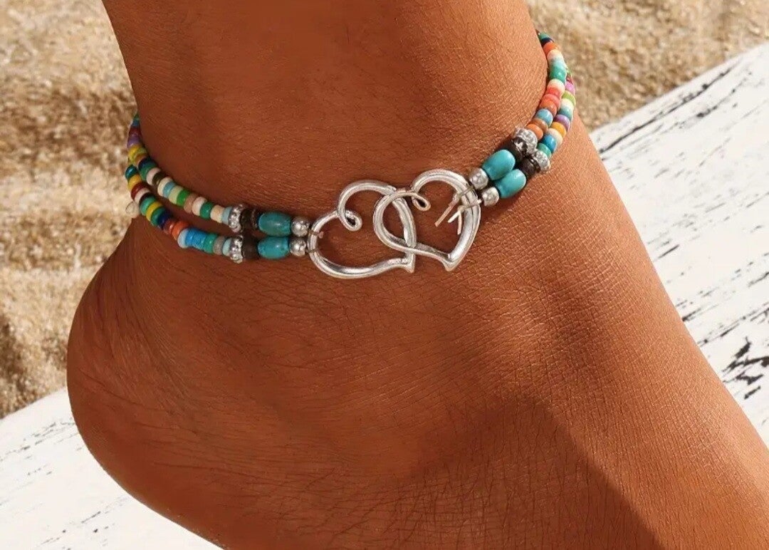 Dubbellaags enkelbandje hartjes multicolor