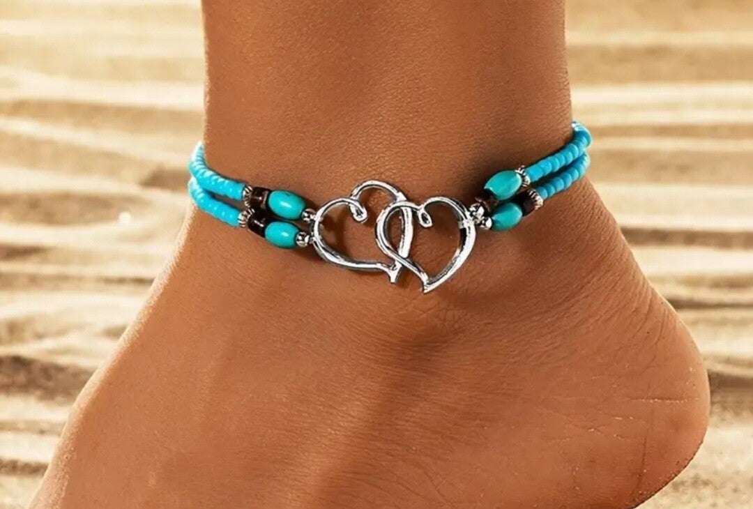 Dubbellaags enkelbandje hartjes blauw