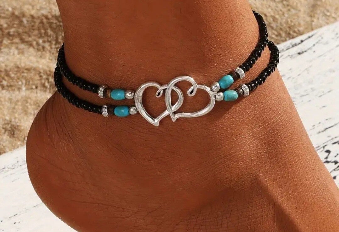 Dubbellaags enkelbandje hartjes zwart