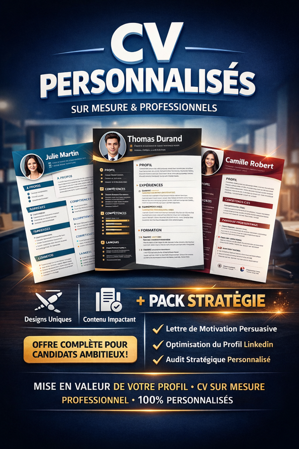 Pack 3 CV personnalisés : version visuelle + version optimisée ATS + Kit Stratégie Recherche d’Emploi