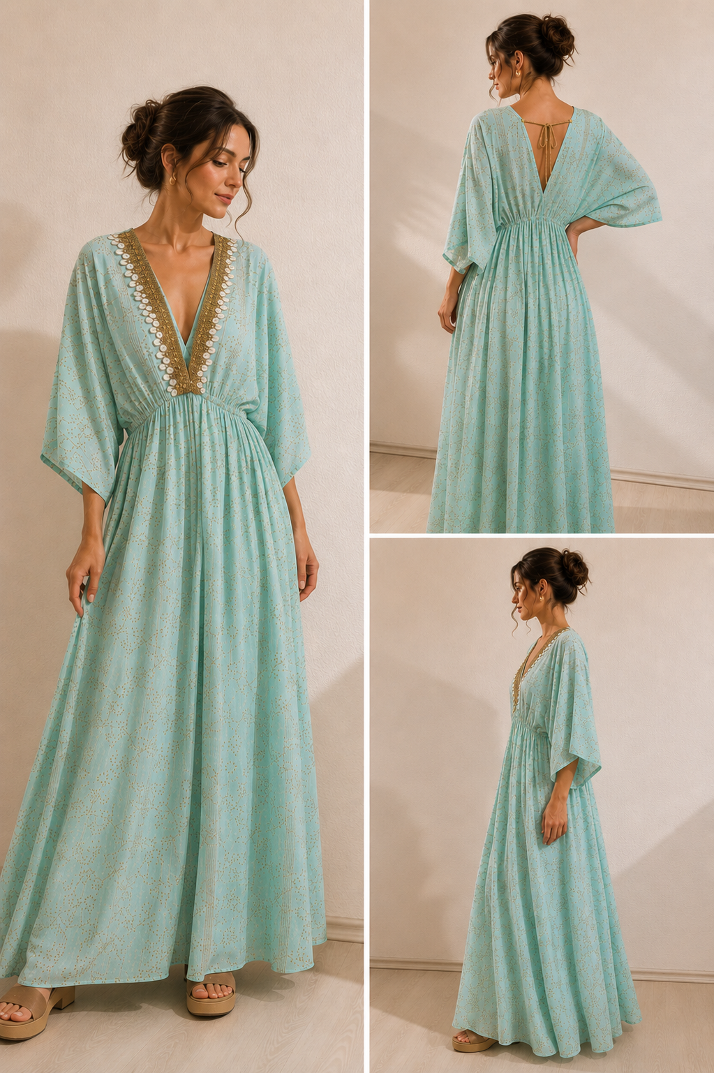 Believe Mode – Exklusives Boho-Maxikleid in Mintgrün mit edlen Golddetails