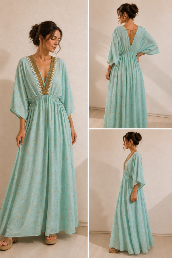 Believe Mode – Exklusives Boho-Maxikleid in Mintgrün mit edlen Golddetails