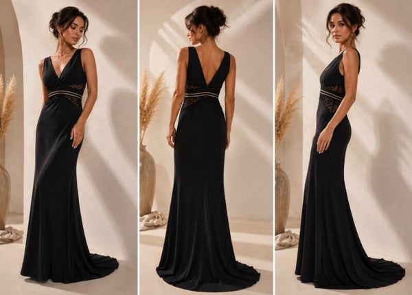 Elegantes Abendkleid Schwarz mit Spitze & Goldakzenten – Größe S