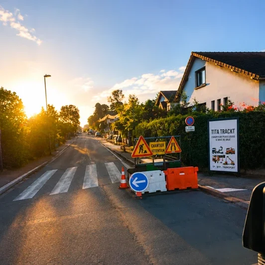 Image d'une route sur laquelle un camion Tita Trackt circule et où l'on voit un panneau publicitaire Tita Trackt