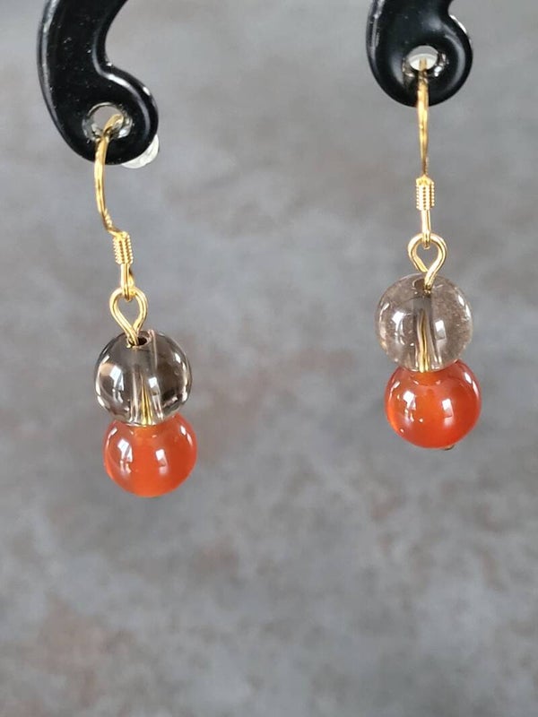 Boucles d'oreilles Quartz Fumé et Cornaline