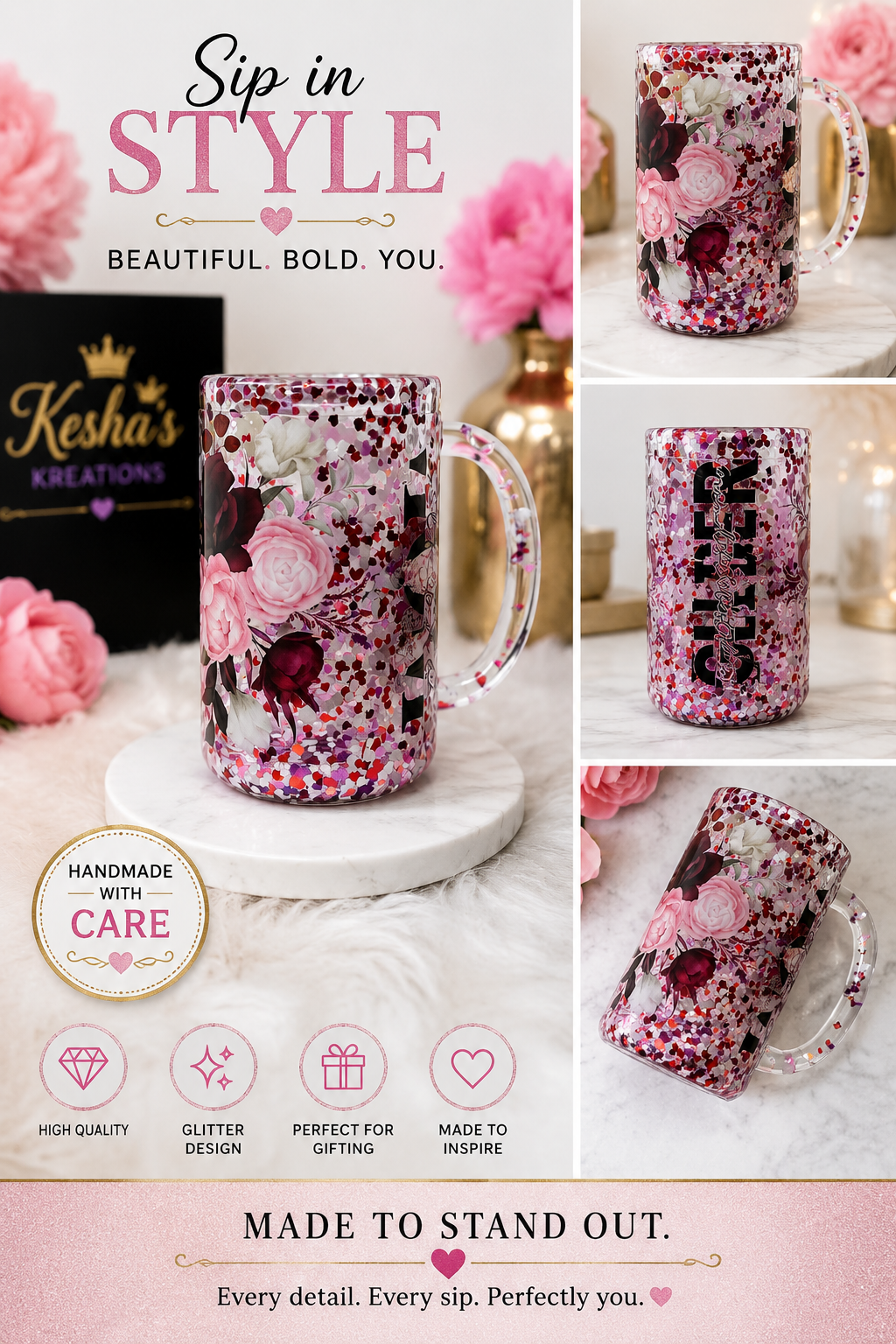 🌹 Floral Glitter Glass Mug