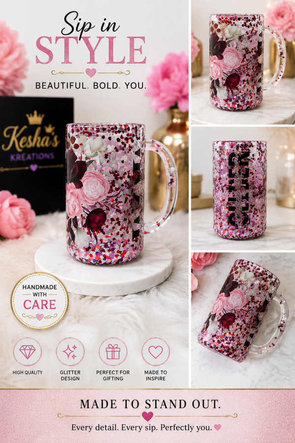 🌹 Floral Glitter Glass Mug