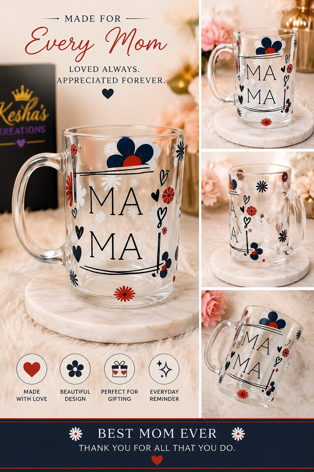 🌸 Mama Floral Glass Mug