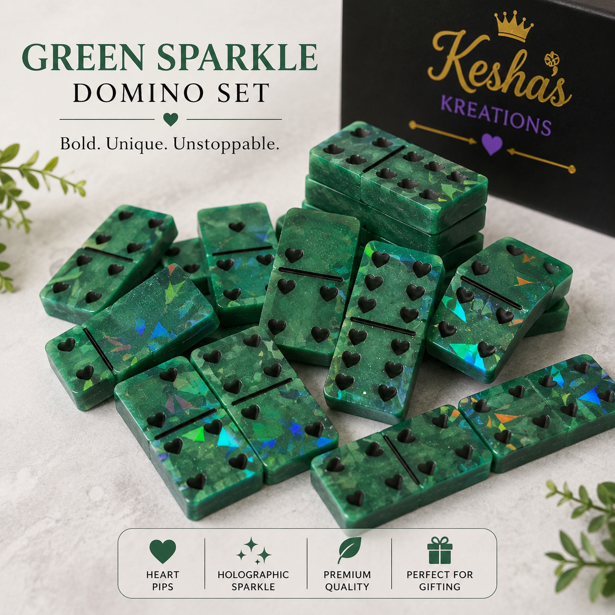 💚 Emerald Sparkle Heart Domino Set