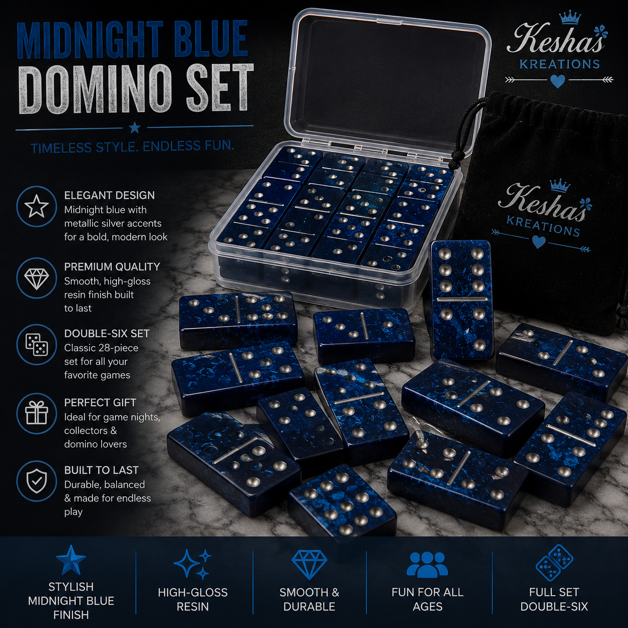 🖤💙 Navy, Black & Silver Domino Set
