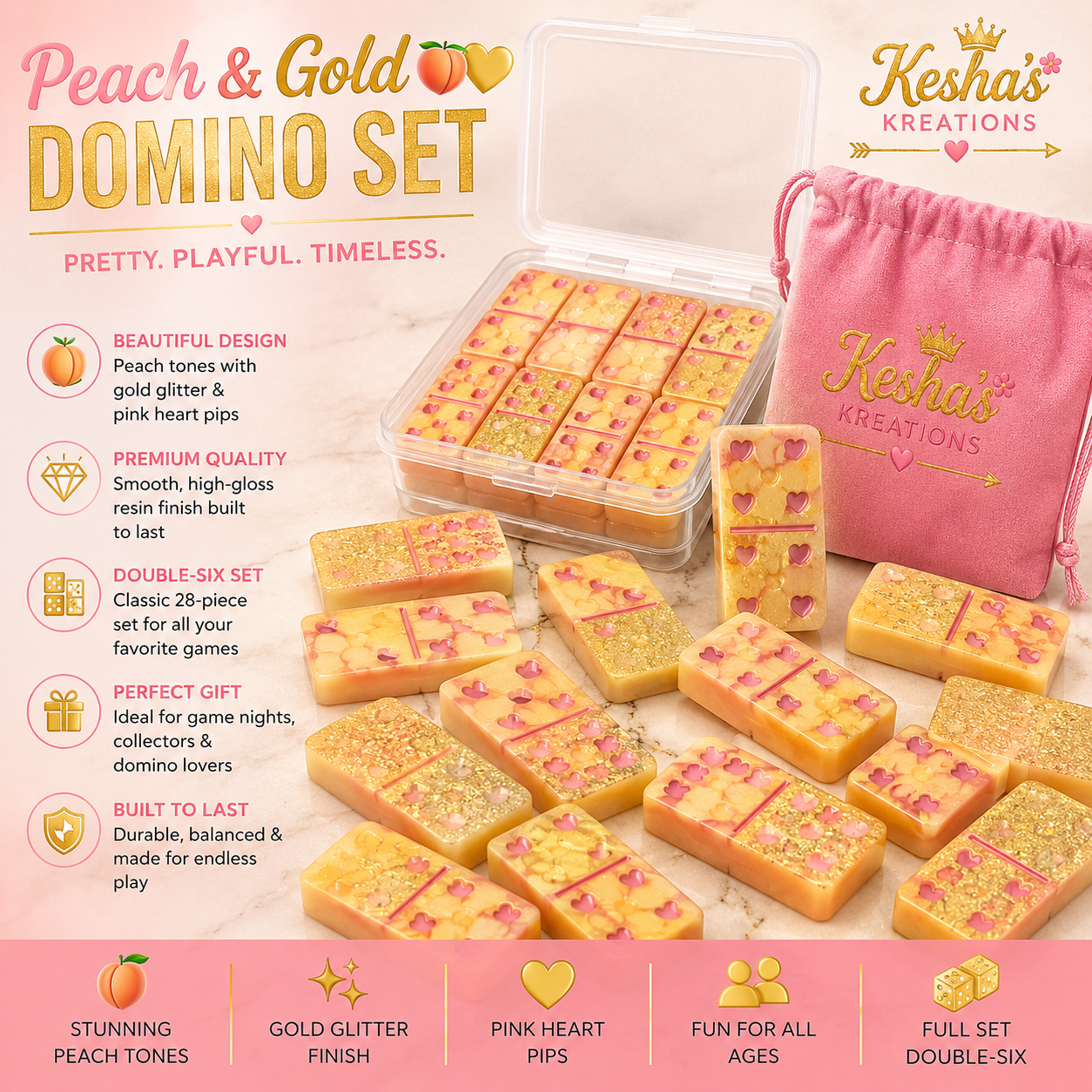 Peach & Gold Heart Domino Set