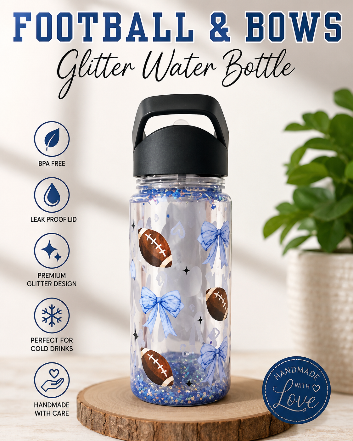 🏈 Football & Bows Glitter Kids Water Bottle