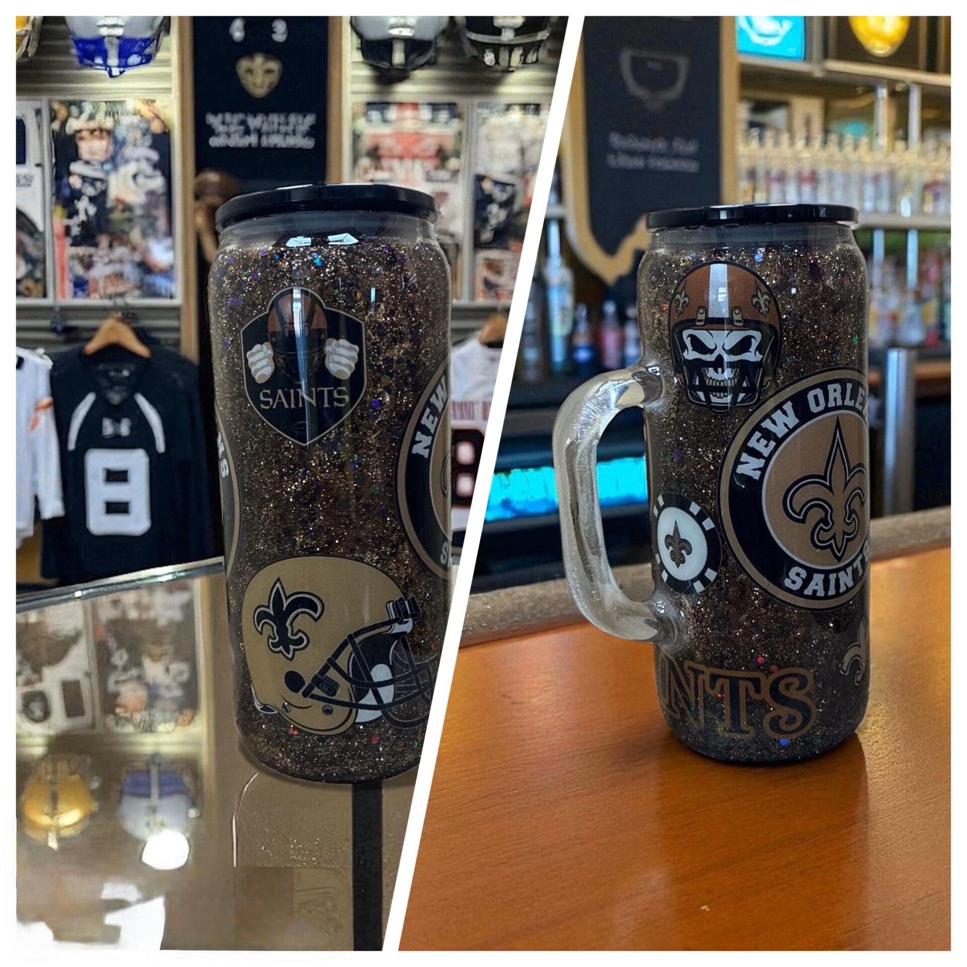 🏈 Saints-Inspired Glitter Glass Tumbler