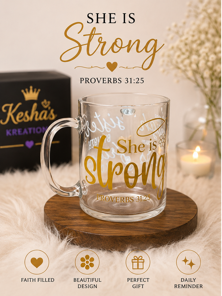 ✨ She Is Strong Glass Mug