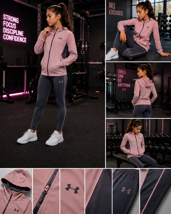 Survêtement Under Armour près du corps Rose et Gris.