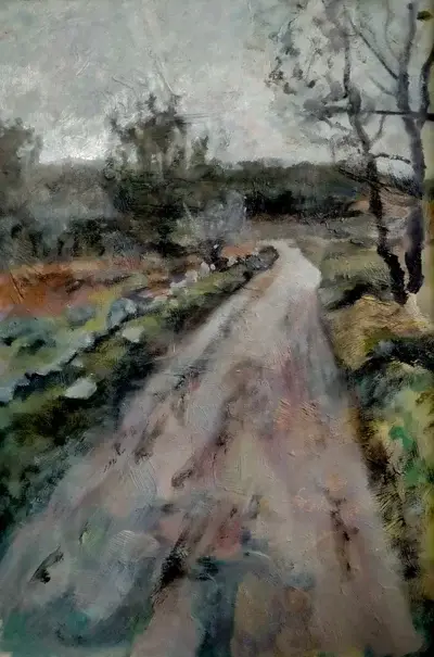 Bustarviejo. Subiendo al pinar desde la calle San Sebastián, 2024. Óleo/ tabla.  22 x 15 cm. (Madrid). 1
