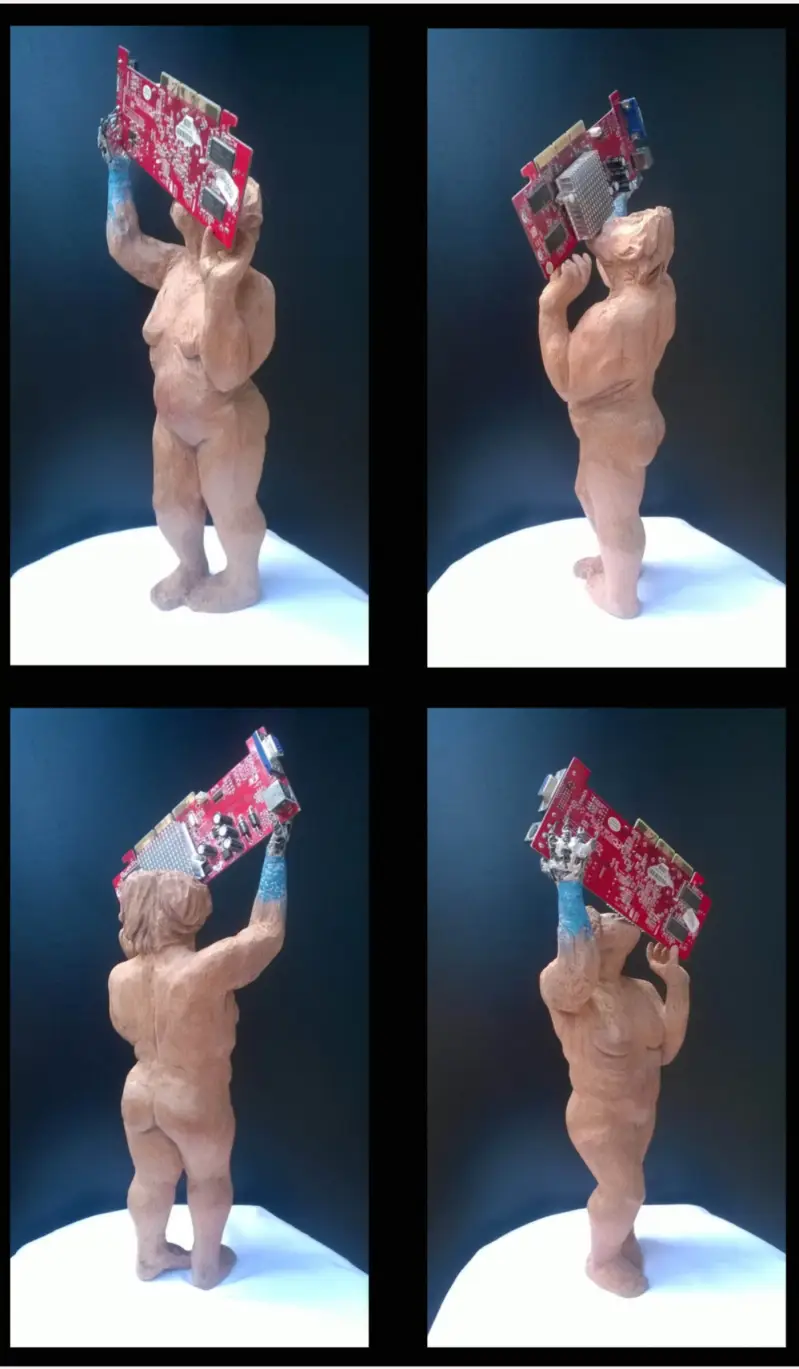 Sin Título.  2015. Madera de tilo coloreada, estaño y placa electrónica.  Medidas variables (40 x 8 x 8 cm aprox.).
