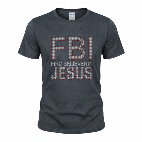 FIRM BELIVER IN JESUS RHINESTONE T-SHIRT
