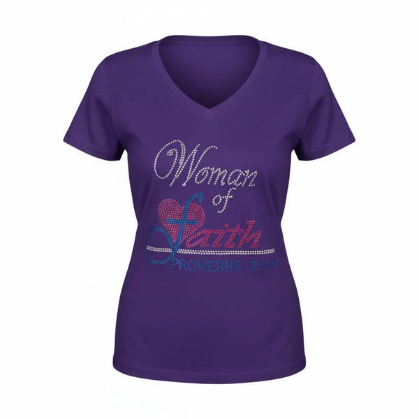 WOMAN OF FAITH V NECK RHINESTONE T-SHIRT