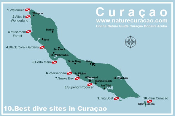 kaart met de 10 beste duikplekken op Curacao Populairste mooiste Map with the best dive sites locations 10. best dive spots
