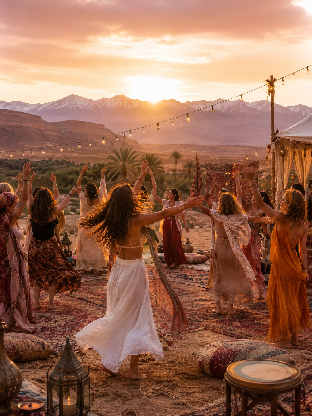 Women dancing at sunset with the Atlas Mountains in Morocco during a women’s yoga, dance and feminine embodiment retreat.