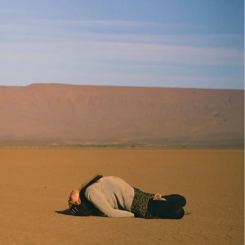 Yoga practice in the Moroccan rocky desert at a dry lake landscape, with Daniela Holzer performing a fish pose during a Sahara Desert Retreat experience in Morocco.