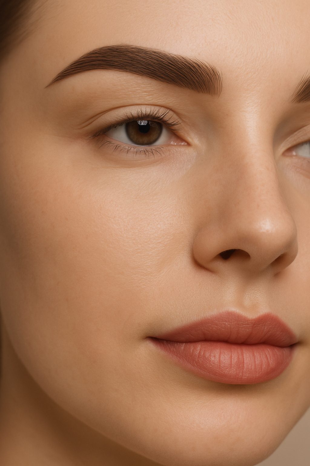 Close-up van een vrouw met perfect gevormde wenkbrauwen en ogen dankzij permanente make-up