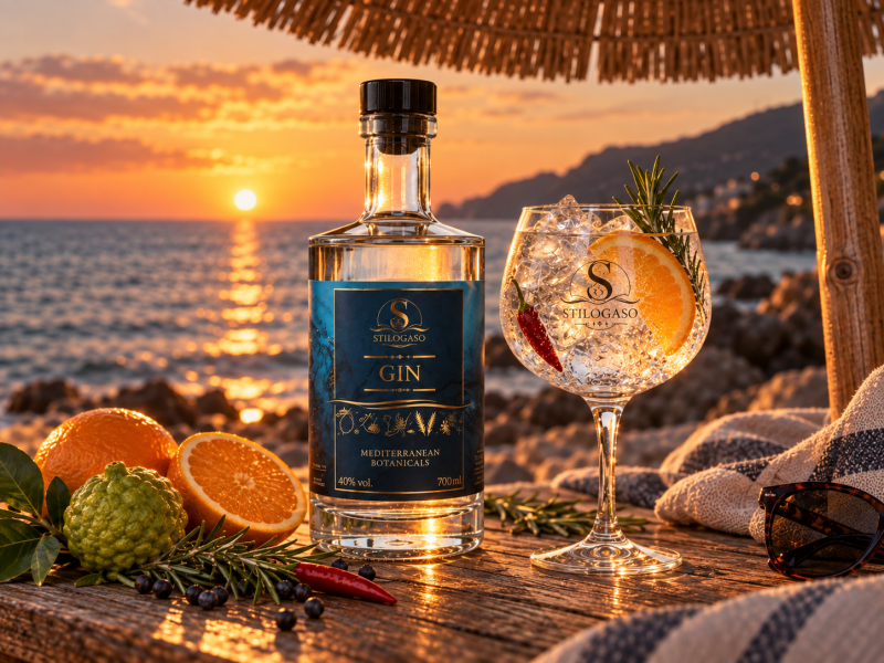 StiloGaso Gin con gin tonic al tramonto sul mare