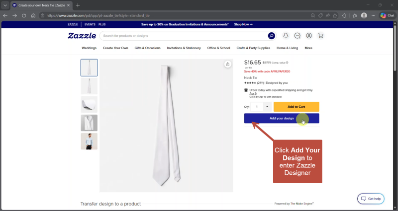 screenshot of blank necktie in Zazzle Marketplace With call out to press button to enter Zazzle Designer