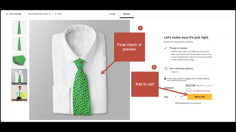 Screen shot of final preview and add to cart section of Zaz design process
